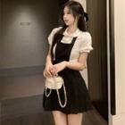 Doll Collar Puff Sleeve Lace Trim Top / Plain Pleated Mini Overall Dress