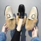 Furry Trim Studded Buckled Loafers