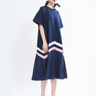 Contrast Trim Short-sleeve Midi Shift Dress Blue - One Size