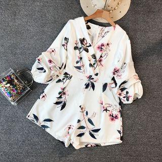 V-neck Ellow-sleeve Floral Print Playsuit