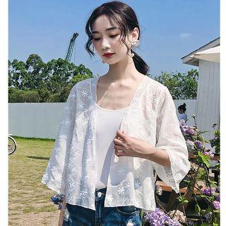 Embroidered Open Front Jacket White - One Size