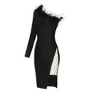 One-sleeve Fluffy Trim Sheath Dress