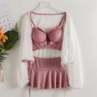 Set: Bikini Top + Swim Skirt + Open-front Mesh Jacket