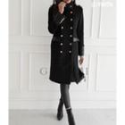 Pleather-trim Double-breasted Wool Blend Coat