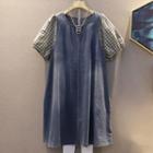 Puff-sleeve Plaid Denim A-line Dress