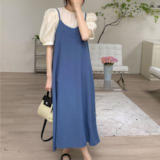 Puff-sleeve Plain Shirt / Spaghetti Strap Plain Dress