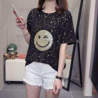 Short-sleeve Sequined Smiley Face T-shirt