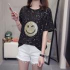 Short-sleeve Sequined Smiley Face T-shirt