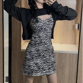 Plain Shrug / Spaghetti Strap Zebra Print Dress