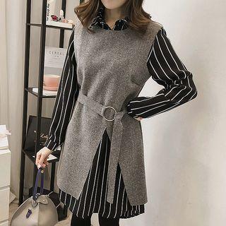 Set: Striped Long-sleeve Shirt Dress + Slit Pinafore Dress