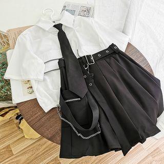 Set: Short-sleeve Cropped Top + Pleated Skirt