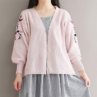 Open Front Floral Embroidered Cardigan