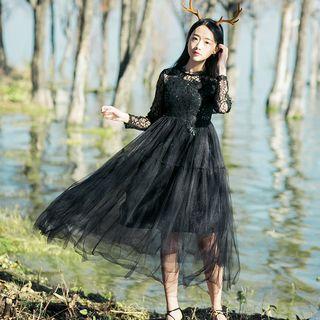 Set: Long-sleeve Lace Panel A-line Dress + Slipdress
