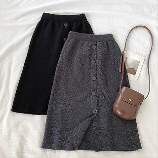 Plain High-waist Single-breasted Knit Skirt