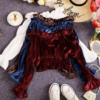 Off-shoulder Bell-sleeve Velvet Blouse