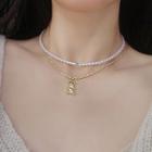 Set: Faux Pearl Choker + Bear Pendant Necklace Gold - One Size