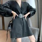 Set: Bishop-sleeve V-neck Mini A-line Dress + Belt