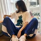 Cat Print Loose-fit Round-neck Short-sleeve T-shirt