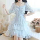 Elbow-sleeve Lace A-line Tiered Dress