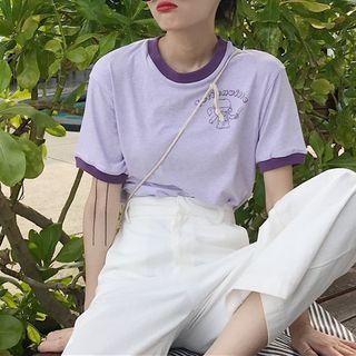 Short-sleeve Cartoon Print Ringer T-shirt Purple - One Size