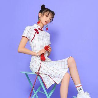 Short-sleeve Plaid Midi Qipao
