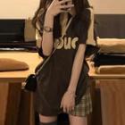 Elbow-sleeve Two Tone Lettering Polo Shirt