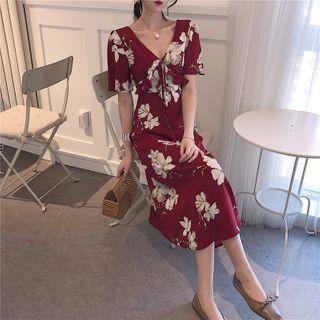 Short-sleeve Ruffled Floral Print Midi A-line Dress