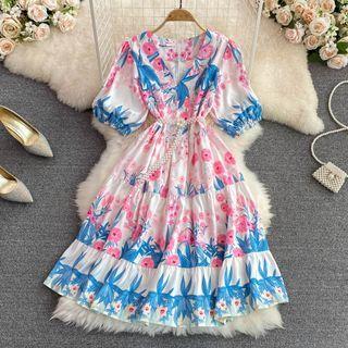 Puff Sleeve V-neck Printed A-line Dress