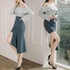 Long-sleeve Off-shoulder Top / Asymmetric-hem Pencil Skirt