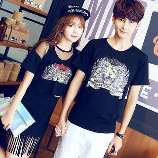 Couple Matching Print Short-sleeve T-shirt / Mesh Panel Fringed T-shirt Dress