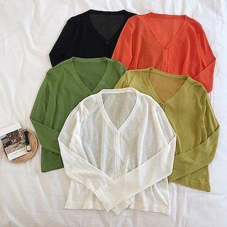 Plain V-neck Long-sleeve Knit Cardigan