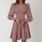 Puff Sleeve V-neck Plain Button-up Mini Dress