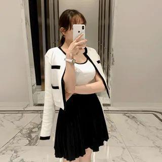 Set: Contrast-trim Open Cardigan + Cropped Tank Top