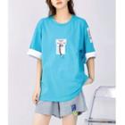 Mock Two-piece Elbow-sleeve Lettering Applique T-shirt