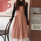 Long-sleeve Mock Neck T-shirt / Sleeveless A-line Midi Pleated Dress