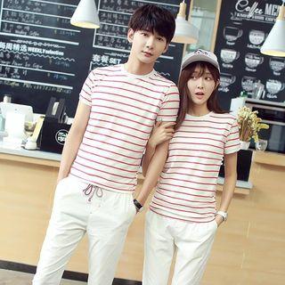 Striped T-shirt / Drawstring-waist Slim-fit Pants