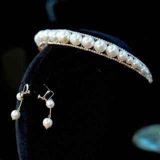 Set: Faux Pearl Wedding Headband + Drop Earring Set - Headband & 1 Pair - Earring - White - One Size