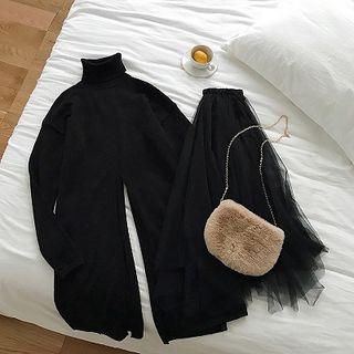 Turtleneck Long Sweater / Mesh Midi A-line Skirt