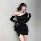 Long-sleeve Cold-shoulder Cutout Mini Sheath Dress