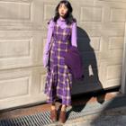 Long-sleeve Mock Neck Plain Top / Sleeveless Plaid Dress