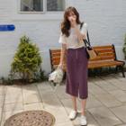 Button-trim Slit-front Linen Skirt