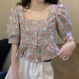 Floral Short-sleeve Square-neck Cropped Blouse As Shown In Figure - One Size