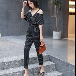 Off Shoulder Elbow-sleeve Crop Jumpsuit