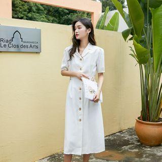 Short-sleeve Tie-waist Button Midi A-line Dress