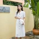 Short-sleeve Tie-waist Button Midi A-line Dress