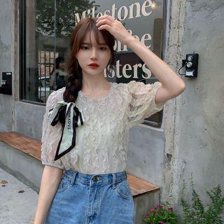Short-sleeve Faux Pearl Trim Ruffled Top