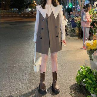 Set : Long-sleeve Plain Shirt + Vest