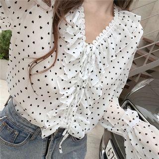 Bell-sleeve Heart Pattern Blouse As Shown In Figure - One Size