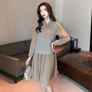Set: Tie-neck Pleated Dress + Knit Vest