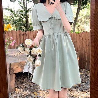 Short-sleeve Collared V-neck A-line Dress